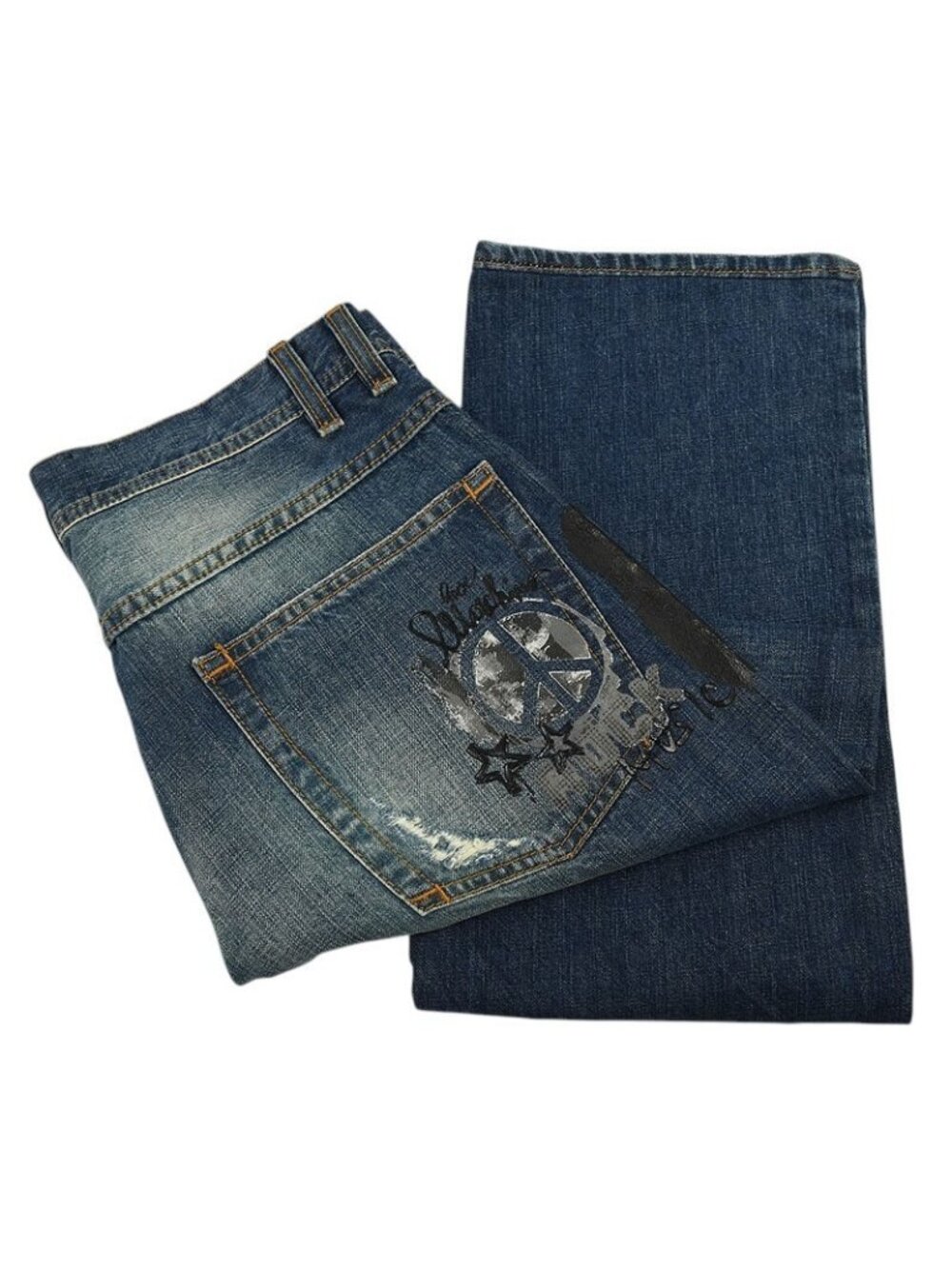 LOVE MOSCHINO Blue PEACE SIGN Distressed Cropped Straight Leg Denim Jeans 31 NEW